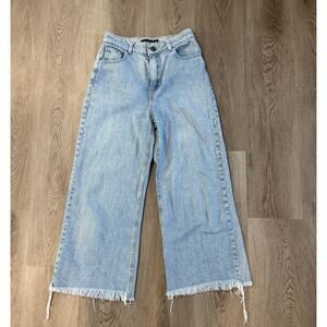Psyched Denim High Waisted Light Wash Frayed Hem Wide Leg Baggy Jeans